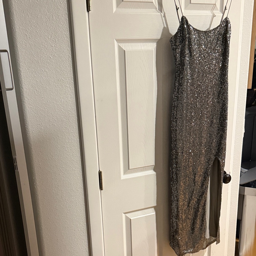 Here comes the sun Elegant Silver Sequin Dress with Slit